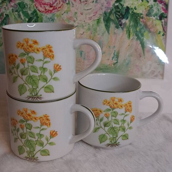 Three Vintage Japan Yellow Floral Ceramic Cups Decor Mid Century Modern - Picture 4 of 13